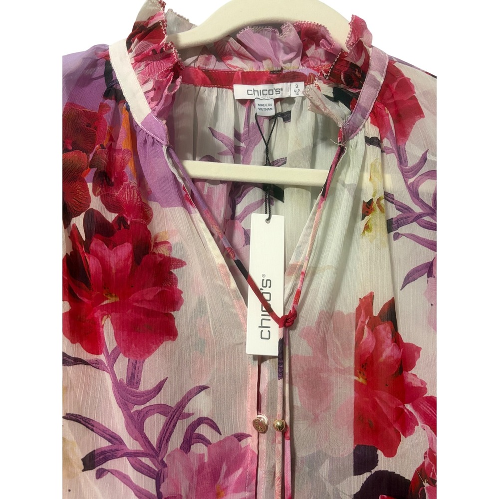 CHICOS Womens Floral Ruffle Neck Button Front‎ Blouse Top - Picture 3 of 3
